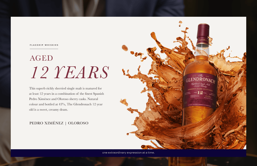 Aged 12 Years product page with whisky bottle and dynamic liquid splash