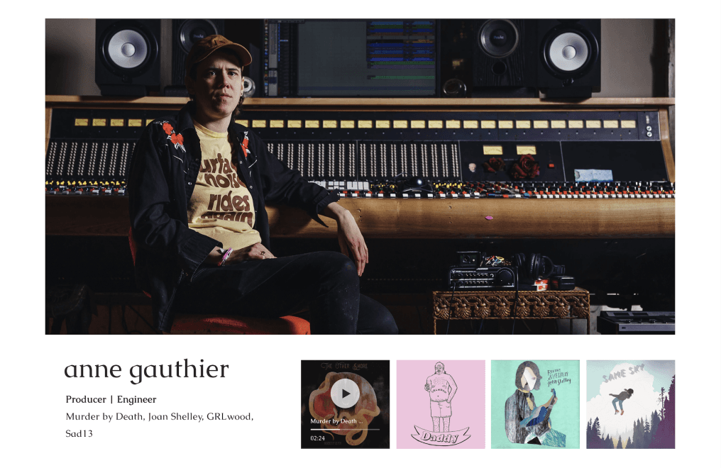 Producer and engineer Anne Gauthier profile page with mixing console