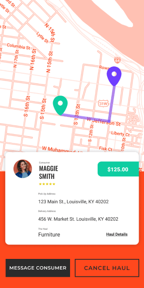 Active haul tracking map with pickup and delivery locations in Louisville