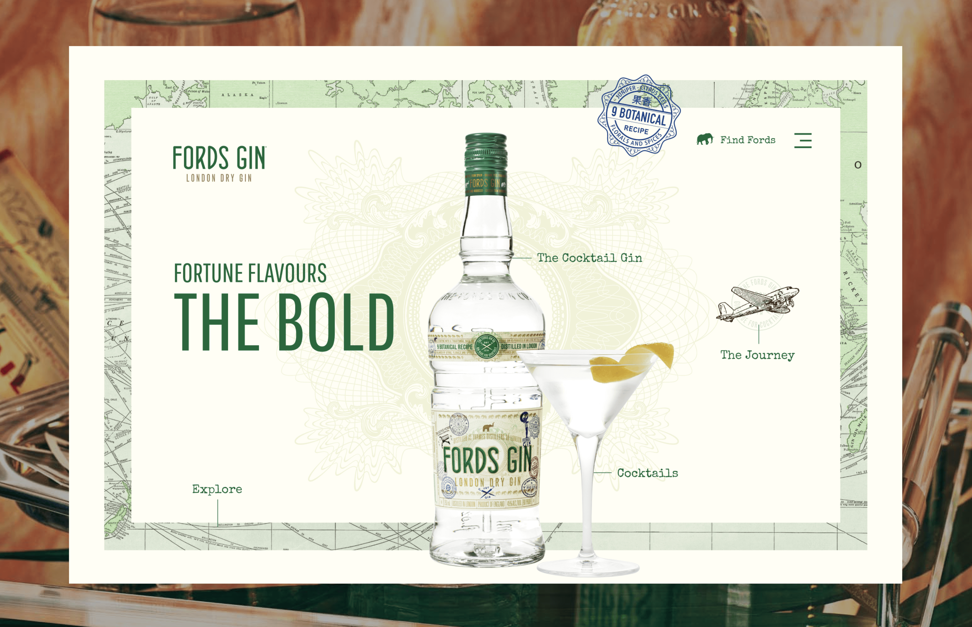 Website homepage featuring the Ford’s Gin bottle with a martini, hero tagline ‘Fortune Flavours the Bold,’ and vintage-inspired navigation