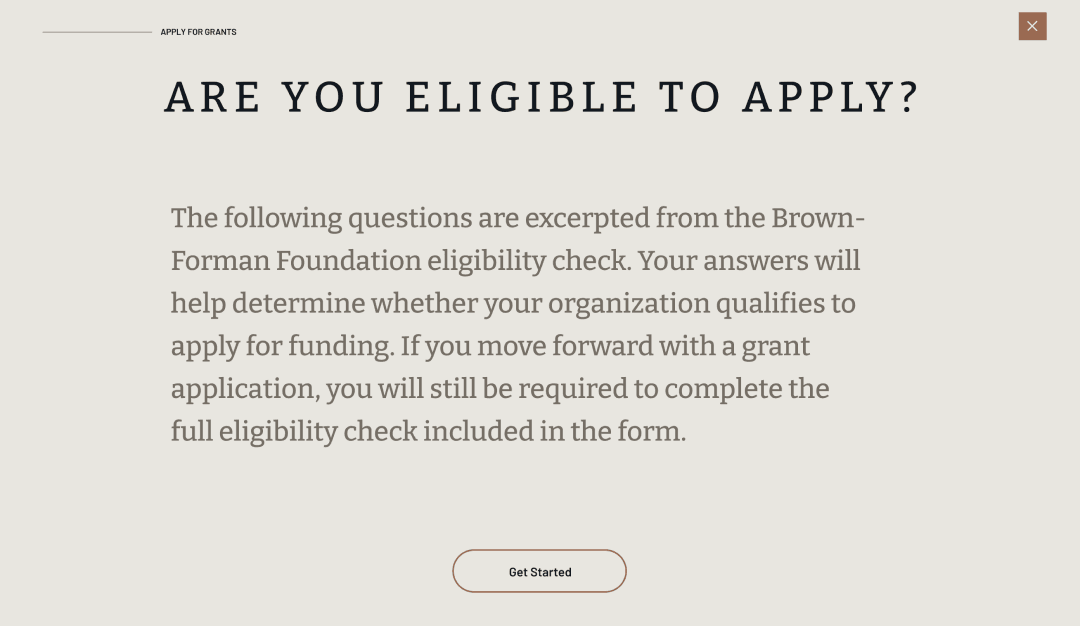 Grant eligibility questionnaire introduction screen with Get Started button