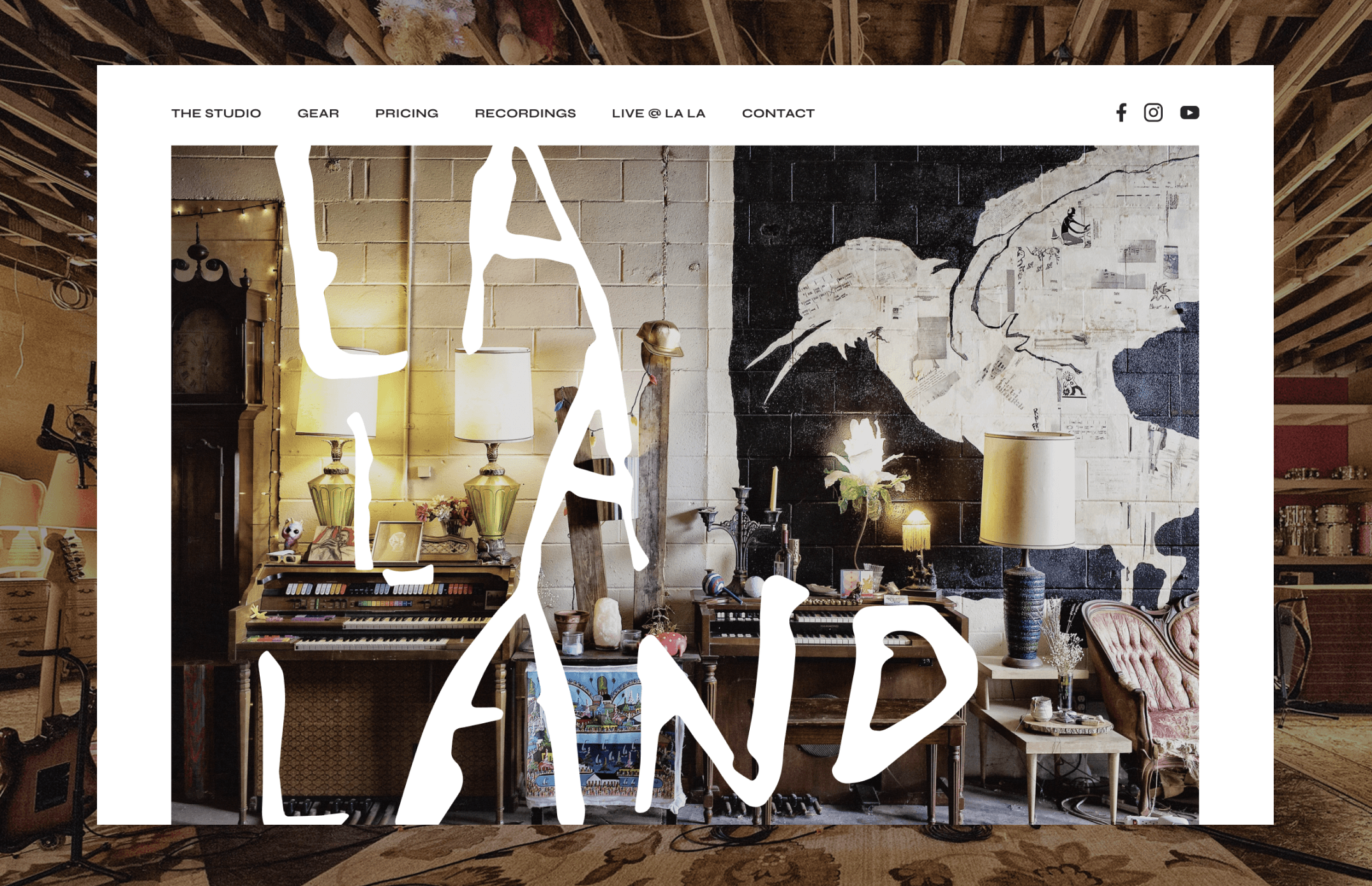 Homepage hero featuring the studio interior with vintage decor and hand-drawn typography