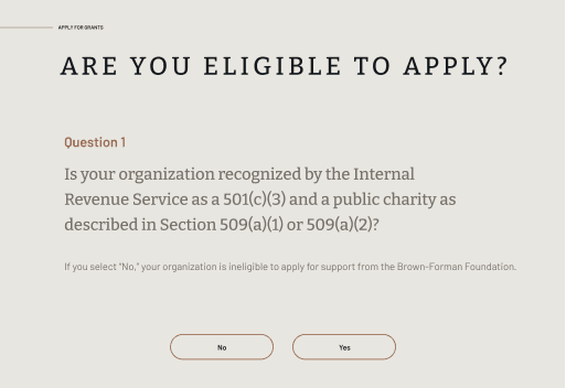 Grant eligibility questionnaire showing 501(c)(3) qualification question