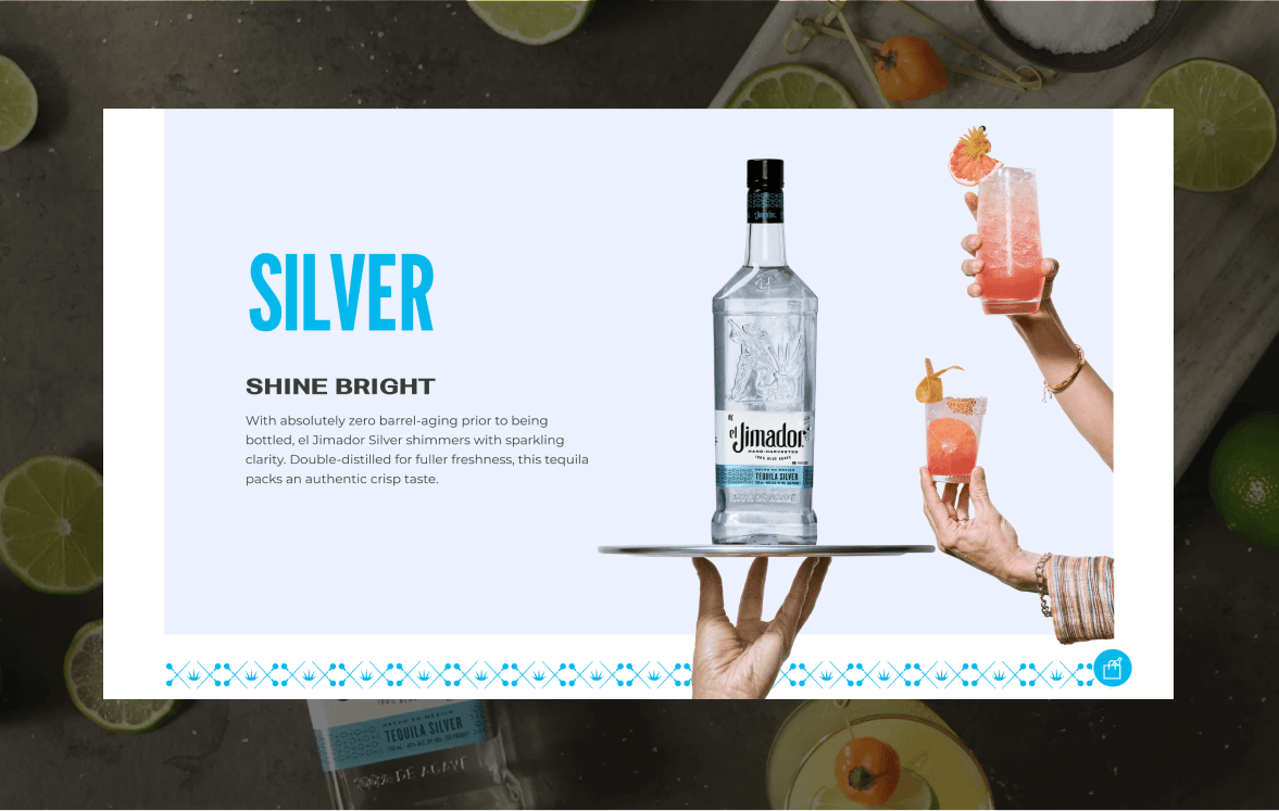 Silver product detail page with ‘Shine Bright’ messaging and cocktail imagery