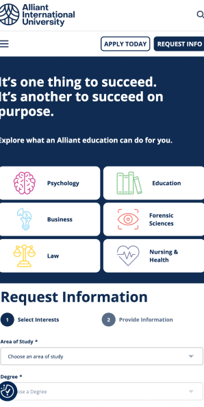 Mobile homepage view showcasing program categories and request information form