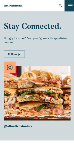 Mobile Stay Connected section with Instagram follow prompt and sandwich photo