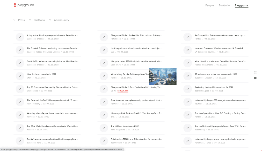 Playgrams page with curated news, articles, and insights from the Playground community