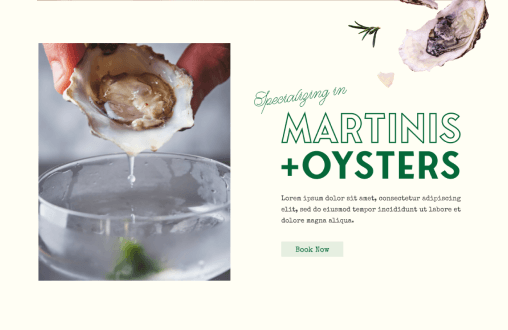 Landing page section promoting Martinis + Oysters experience with booking call-to-action