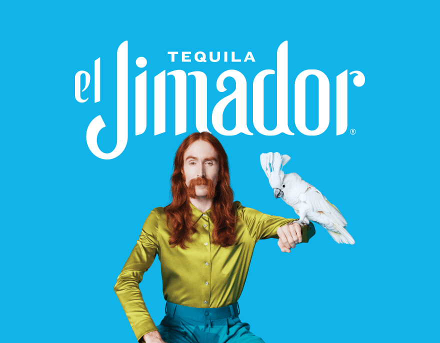 el Jimador brand logo with model and white cockatoo on signature blue background