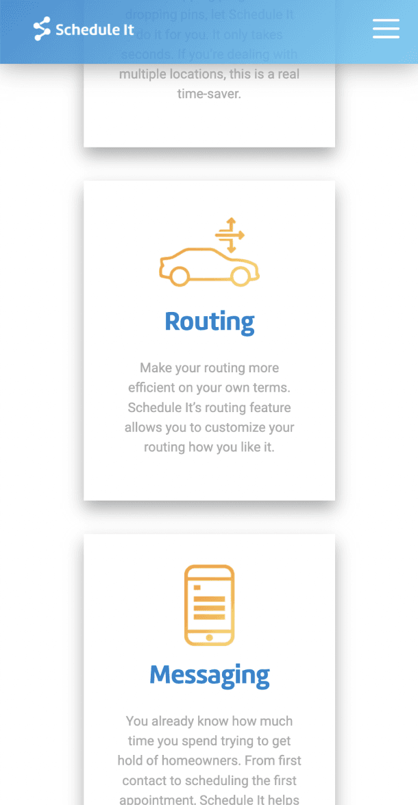 Mobile view of features section highlighting Routing and Messaging capabilities with illustrated icons