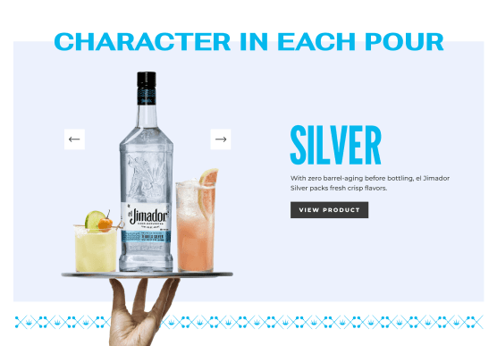 Product carousel featuring el Jimador Silver with signature cocktails