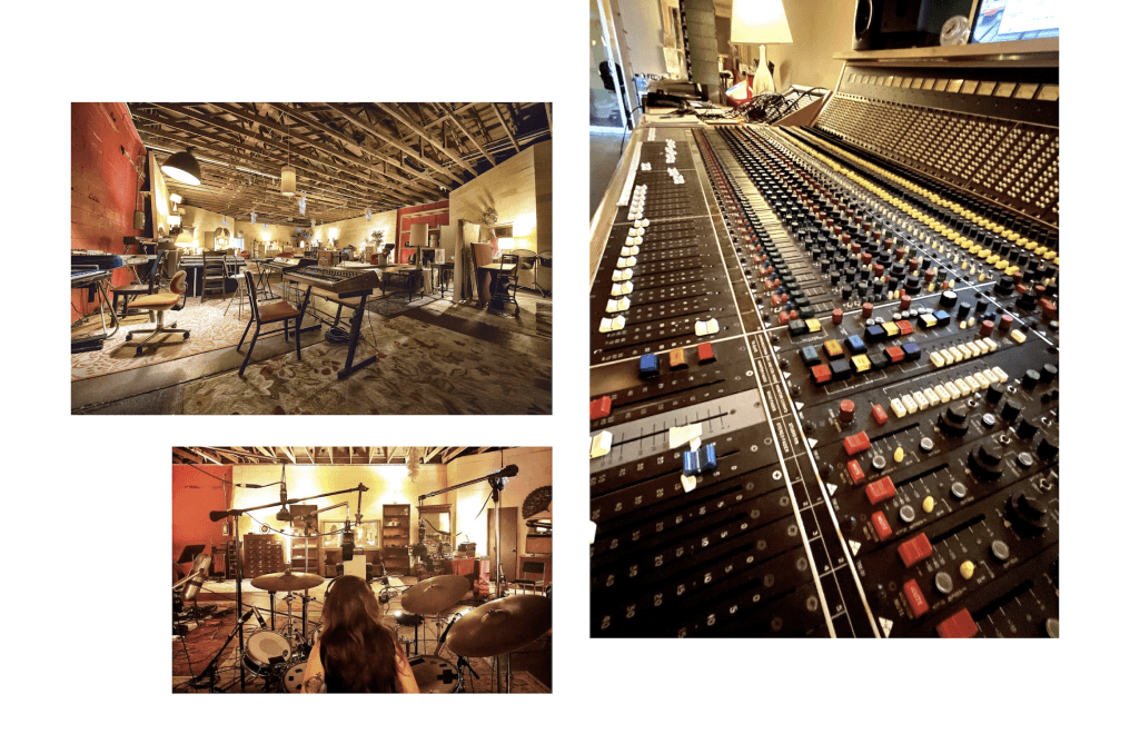 Studio photography showing tracking room and vintage Trident mixing console