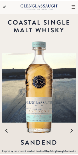 Mobile Sandend product page showcasing the Coastal Single Malt Whisky bottle