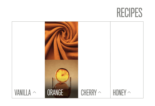 Recipes section with orange flavor note selection showing fabric texture and dried citrus imagery