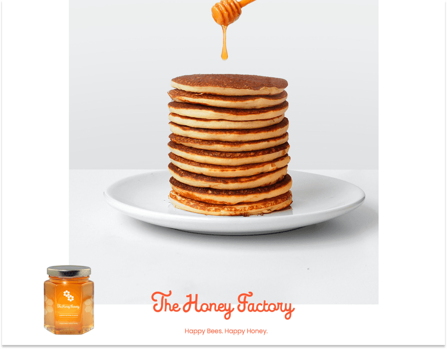 Brand visual featuring pancake stack with honey drizzle, branded honey jar, and The Honey Factory logo with tagline Happy Bees. Happy Honey.