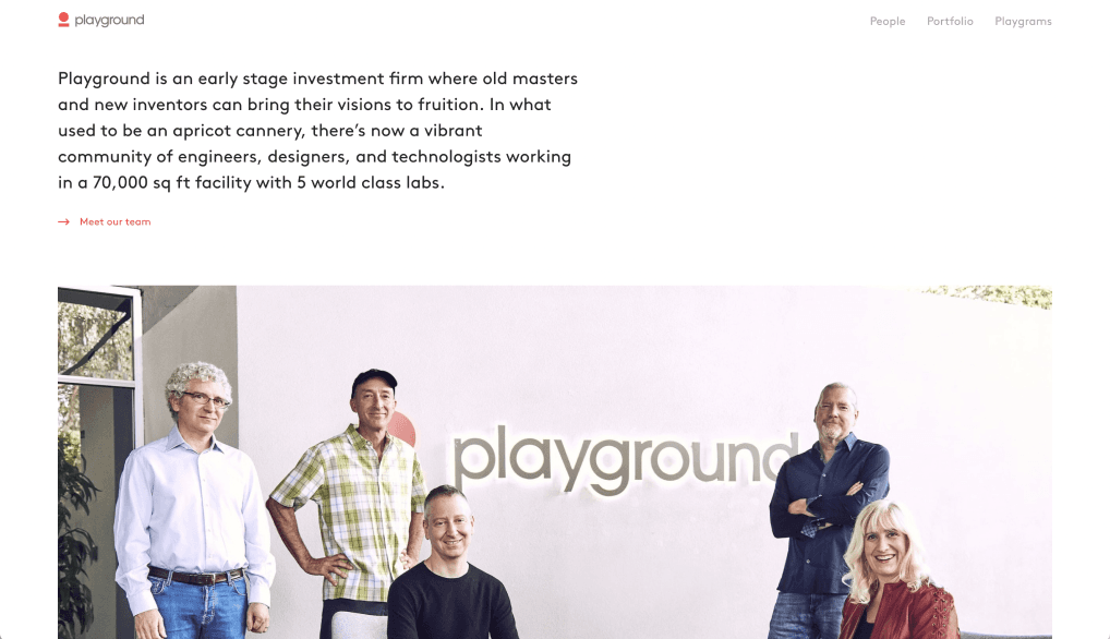 About section with team photo in the Playground facility