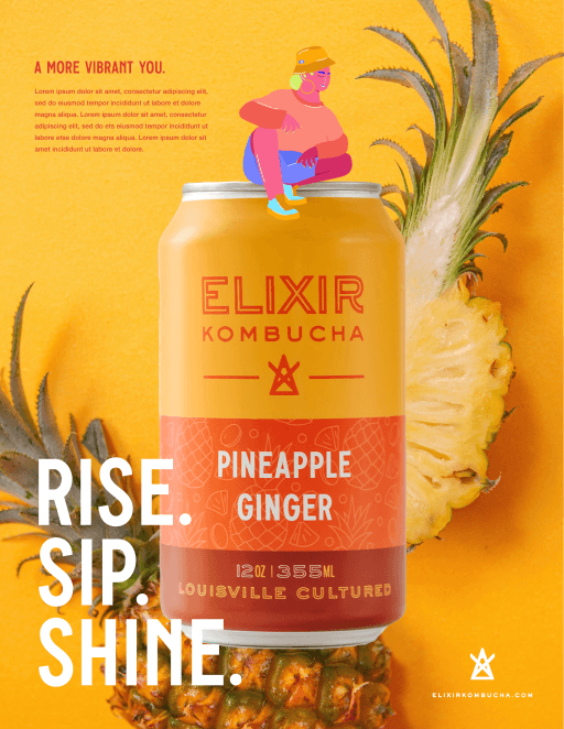 Rise. Sip. Shine. social ad featuring Pineapple Ginger kombucha can with pineapple imagery