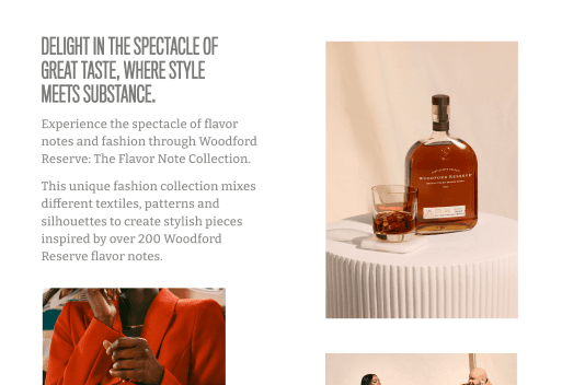 Desktop layout showcasing fashion collaboration with Woodford Reserve bottle, lifestyle imagery, and flavor description
