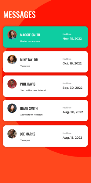 Messages inbox showing haul delivery conversations with user avatars and dates