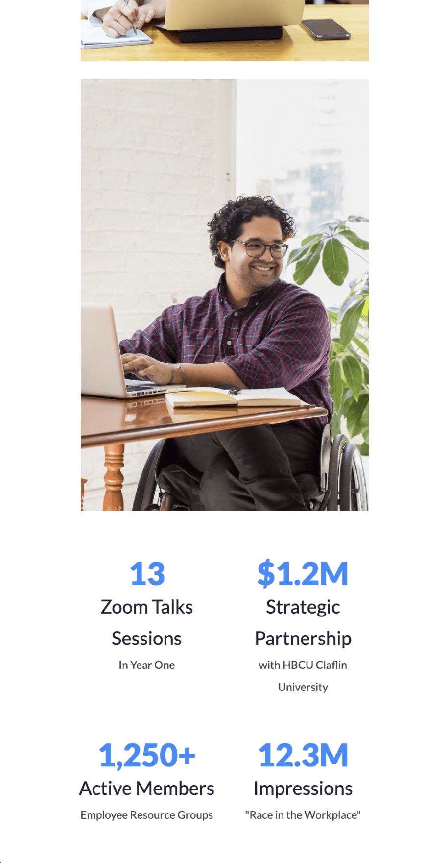 Mobile view showing impact statistics including Zoom Talks sessions, strategic partnerships, and active ERG members