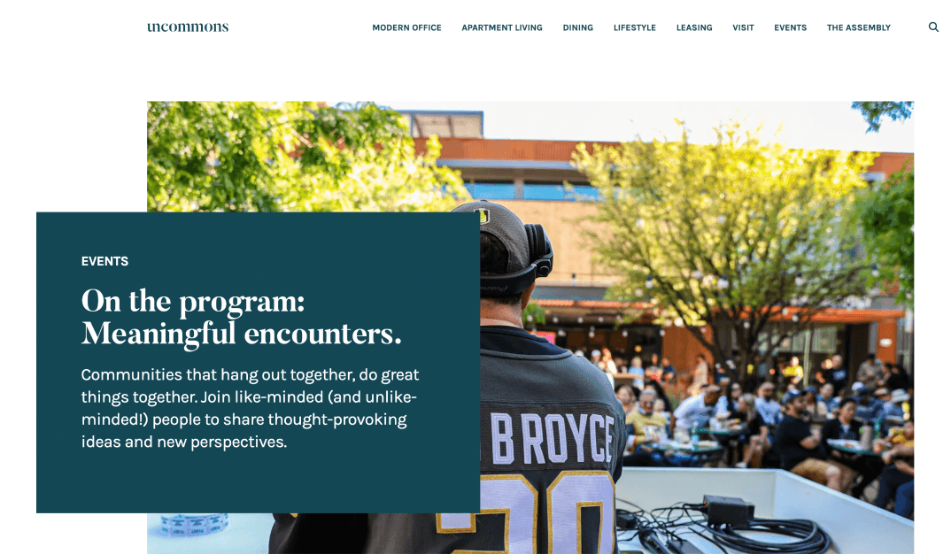 Events section featuring DJ performance at an outdoor community gathering