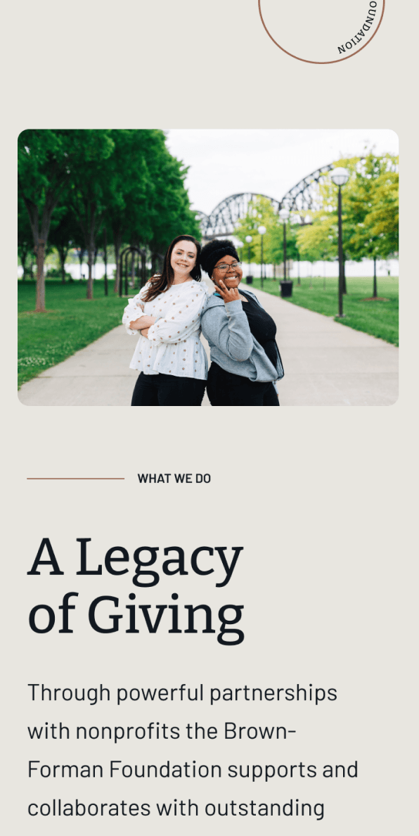 Mobile A Legacy of Giving section with community partnership imagery