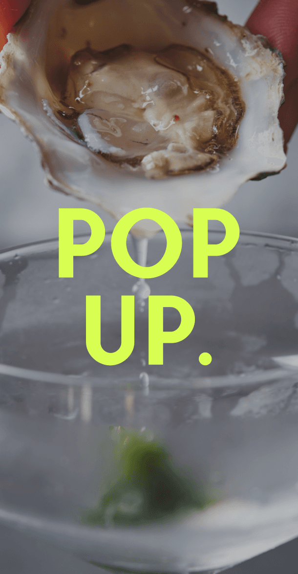 Social media story graphic with Pop Up typography and shucked oyster hovering over martini glass