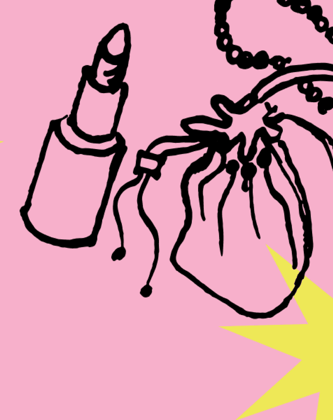 Hand-drawn illustration featuring lipstick, purse, and pearl necklace