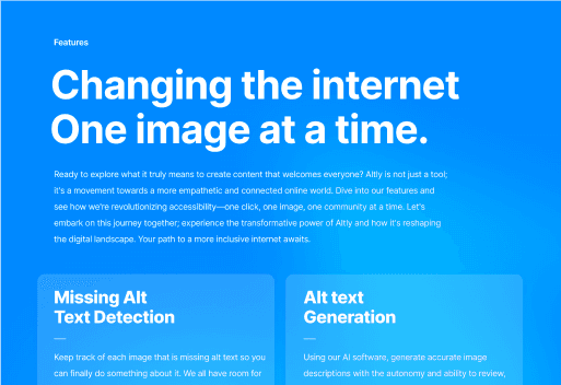 Features overview highlighting missing alt text detection and generation