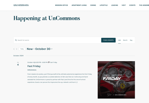 Events calendar page showing Fast Friday automotive event series