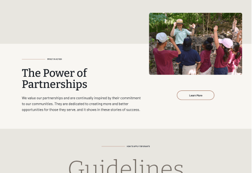 The Power of Partnerships section with educational program photo and Guidelines preview