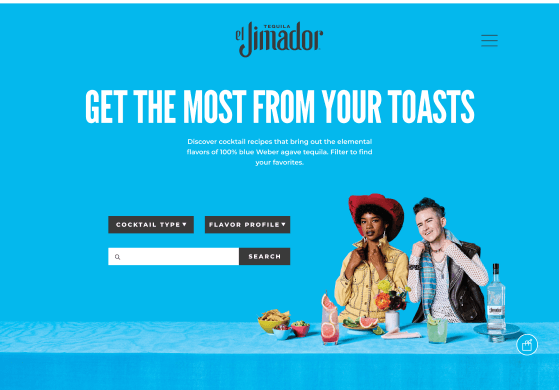 Cocktail recipes page with search filters for cocktail type and flavor profile