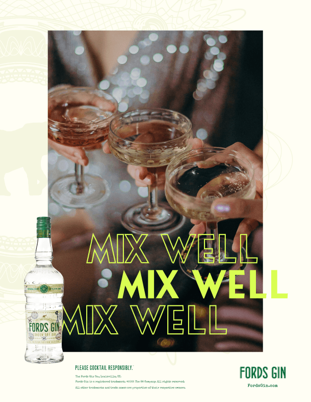 Mix Well print ad with coupe cocktail glasses and warm golden lighting
