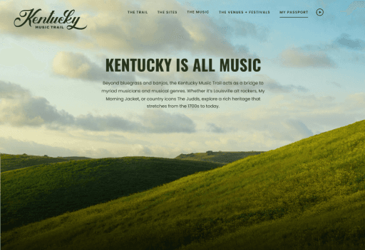 Kentucky Is All Music homepage hero with rolling hills landscape