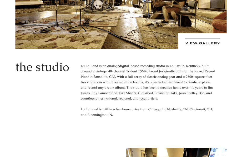 The Studio page with studio description and image gallery