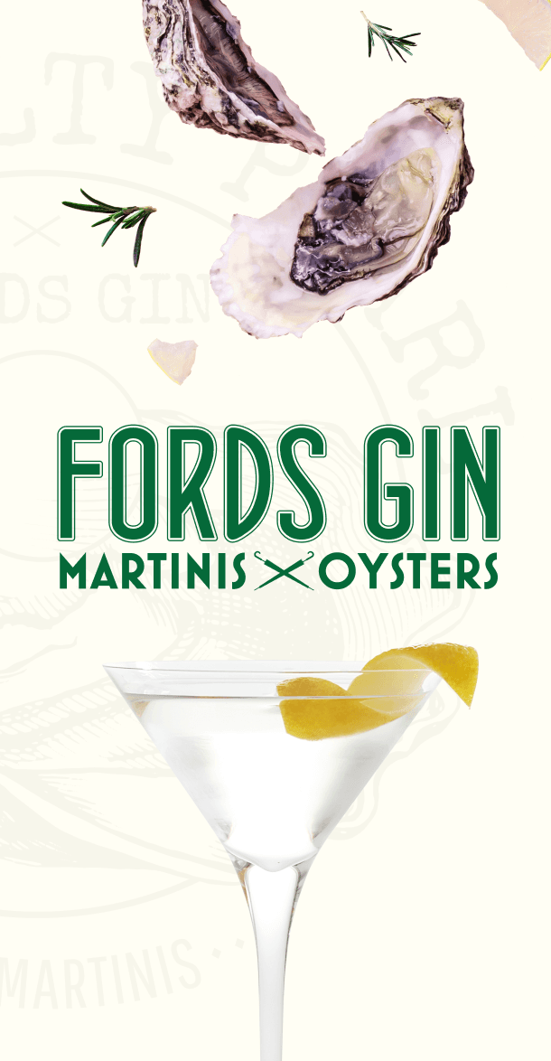 Social media story graphic showcasing Martinis x Oysters branding with oyster illustration and martini