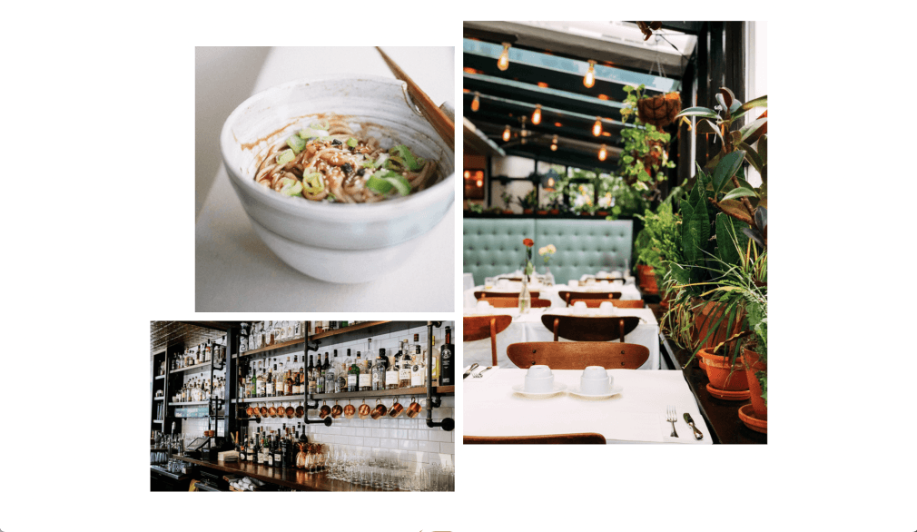 Mood board collage featuring a steaming noodle bowl, plant-filled restaurant interior with warm lighting, and an intimate bar setting