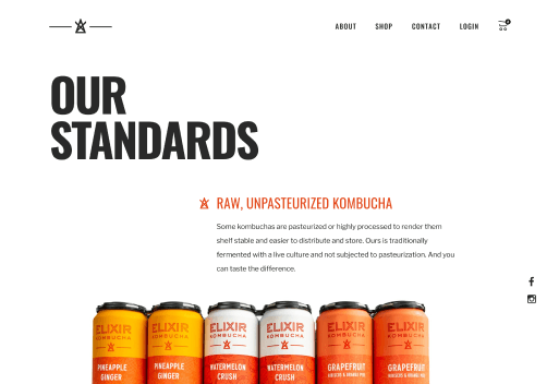 Our Standards page highlighting raw, unpasteurized kombucha with product lineup photography
