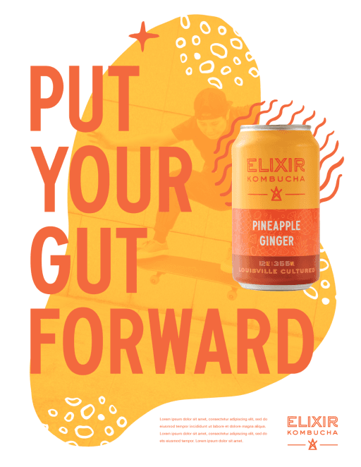 Put Your Gut Forward social ad featuring Pineapple Ginger kombucha can with illustrated skateboarder