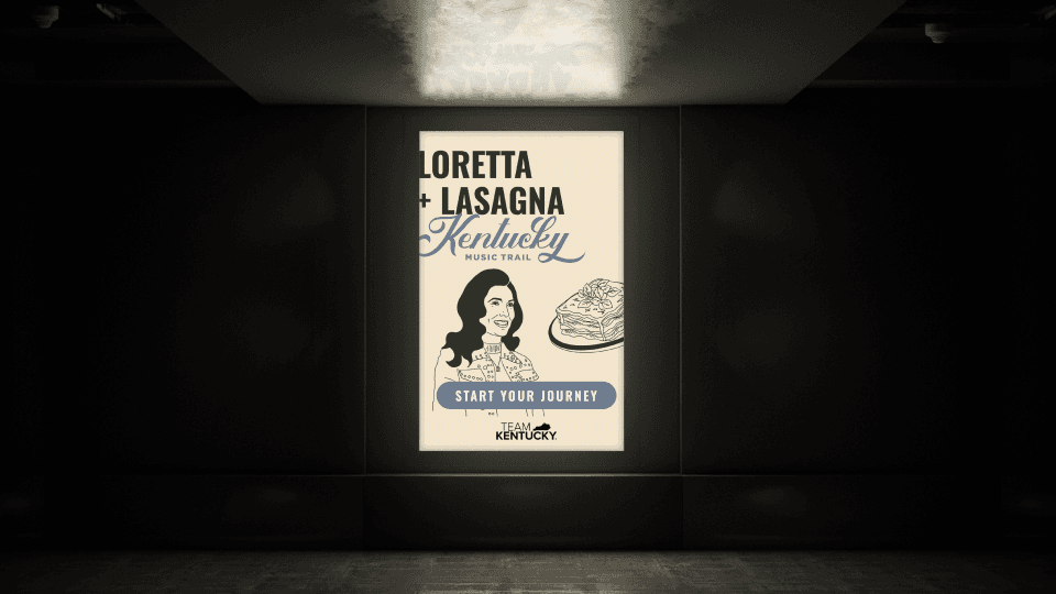 Fresh Sounds campaign poster featuring Loretta and Lasagna tagline in subway station