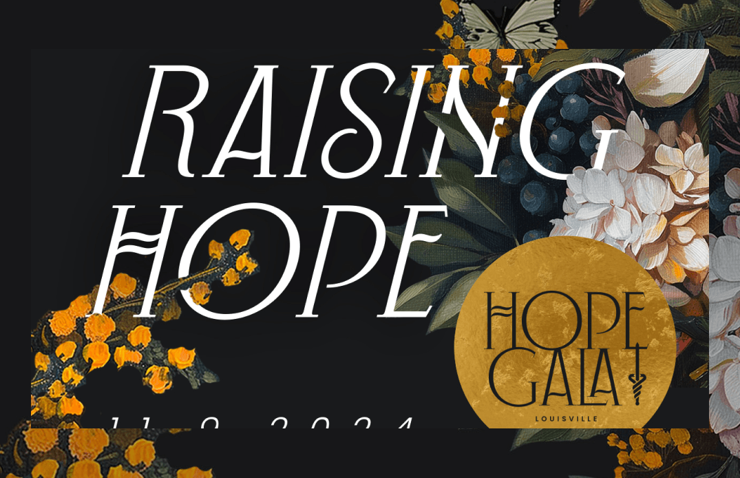 Hope Gala event promotion featuring Raising Hope headline with elegant floral arrangement and gold event logo