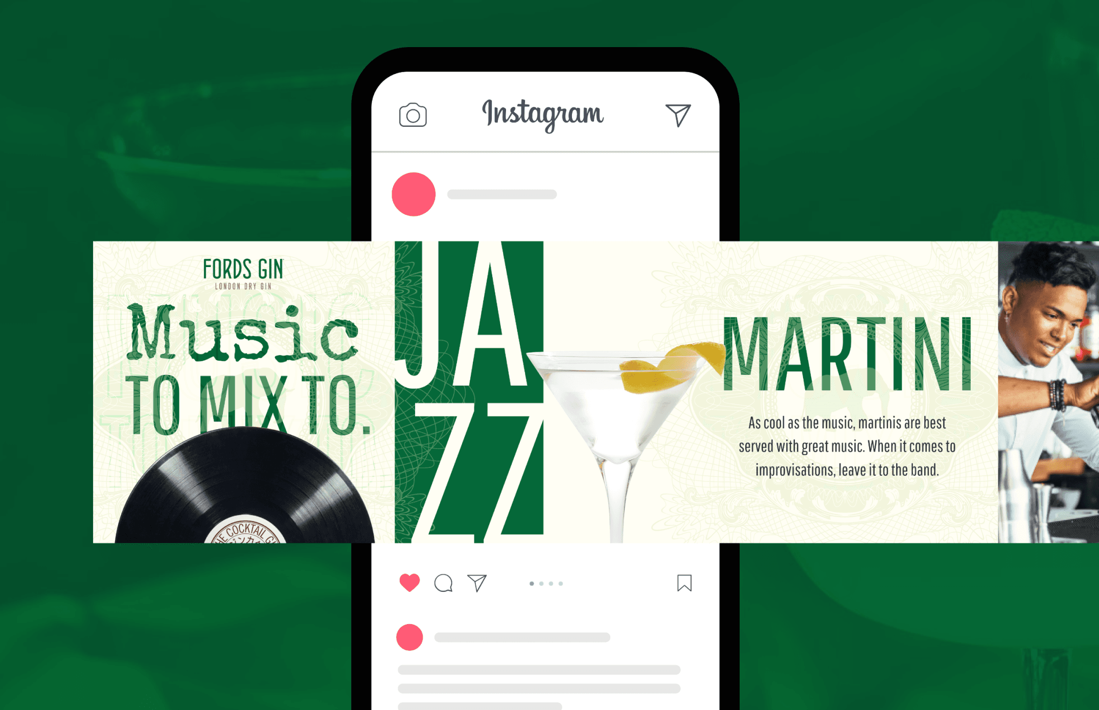 Instagram carousel ad mockup showing Music to Mix To campaign with jazz theme and martini recipe content
