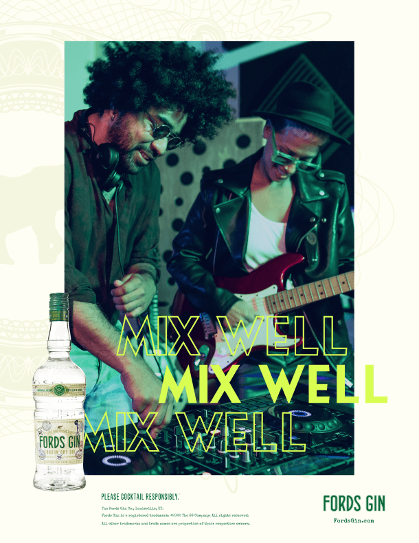 Mix Well print ad featuring bar scene with musicians and tropical plant elements