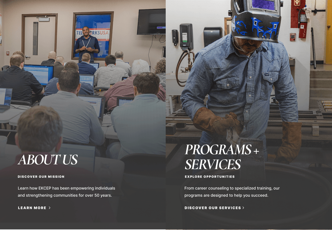 Split-screen layout showcasing About Us and Programs & Services sections