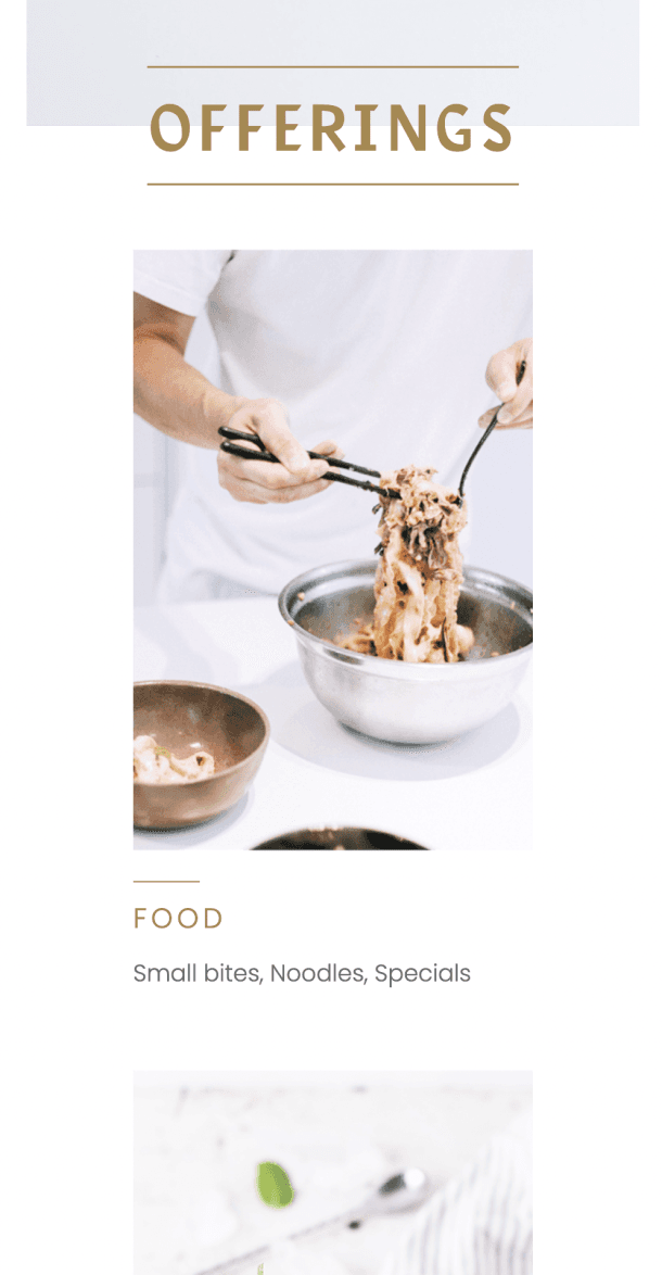 Mobile view of the Offerings section featuring a chef tossing fresh noodles in a stainless steel bowl