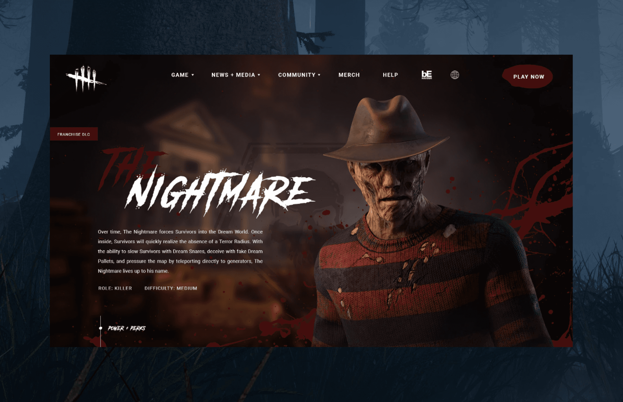 The Nightmare character page featuring Freddy Krueger from A Nightmare on Elm Street