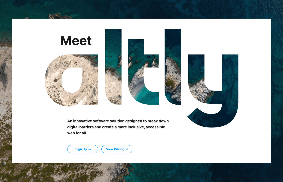 Altly homepage hero section with coastal imagery filling the logo letterforms