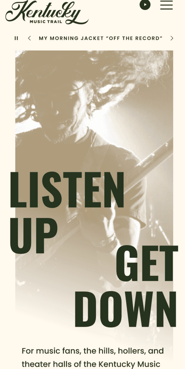 Mobile homepage with Listen Up Get Down headline and musician imagery