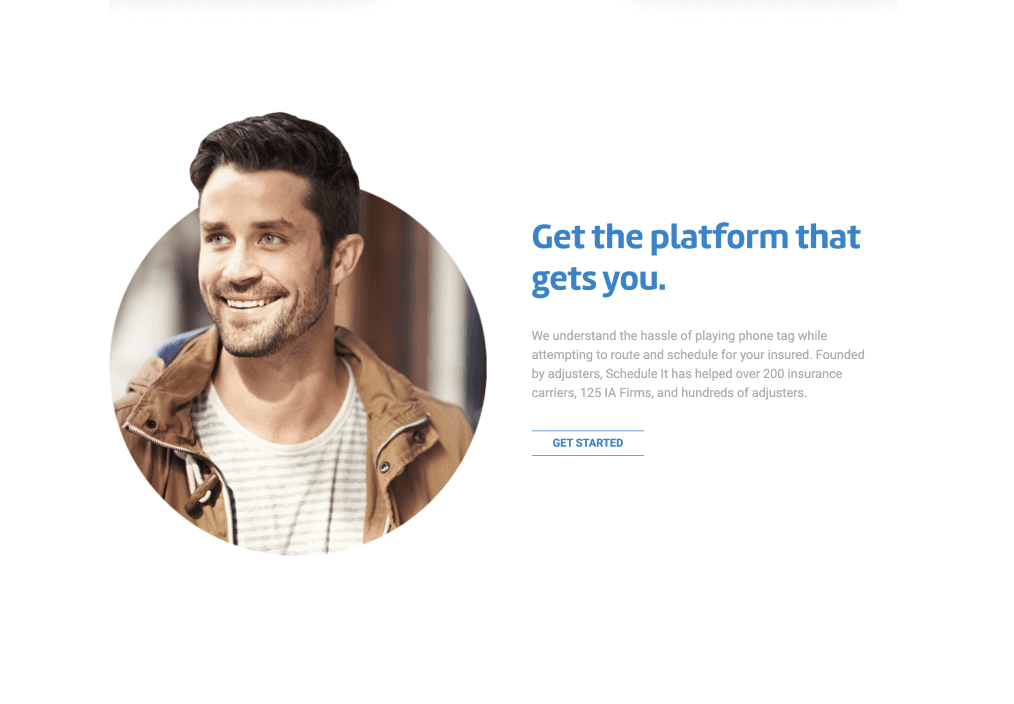 About section with ‘Get the platform that gets you’ headline featuring a professional portrait and company credentials