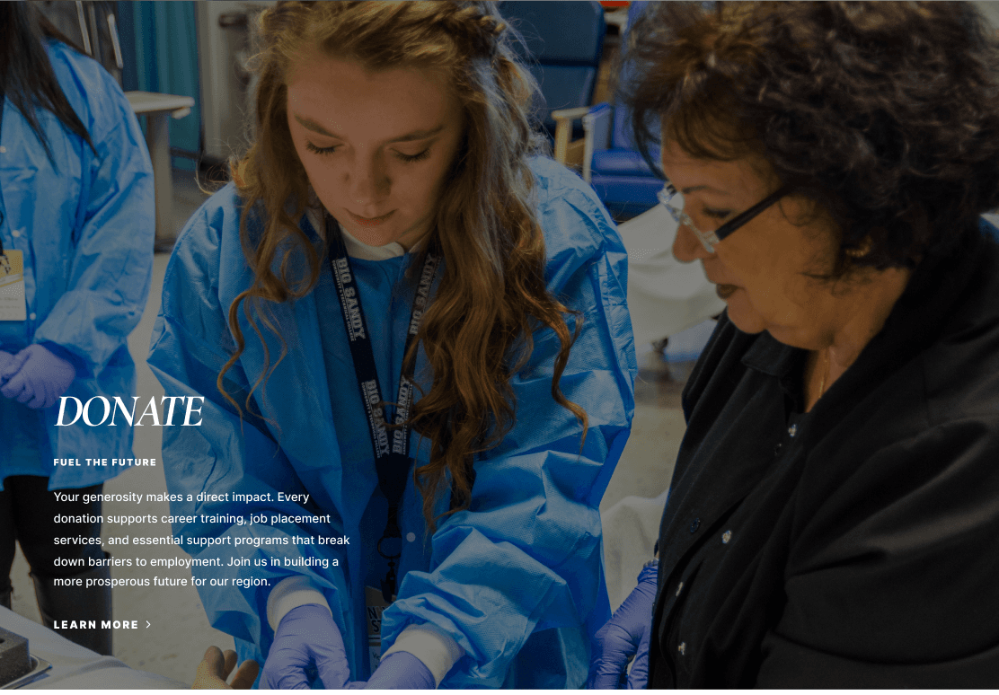Donate page showing healthcare training students in a hands-on workshop